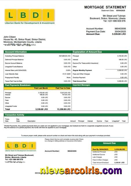 Liberian Bank for Development and Investment (LBDI) mortgage statement Word and PDF template